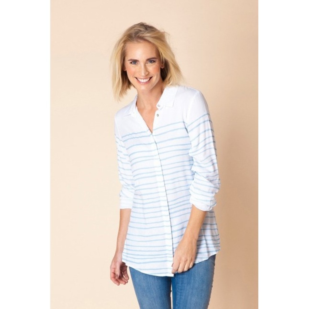 Yest Blouse Womens 14 White Mineral Blue Striped Long Sleeve Button Down Shirt